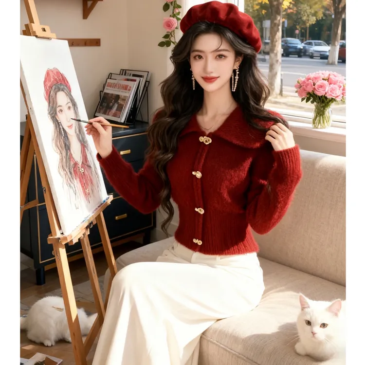 法式复古2025冬常规设计感翻领小香风毛针织衫修身休闲风纯色上衣