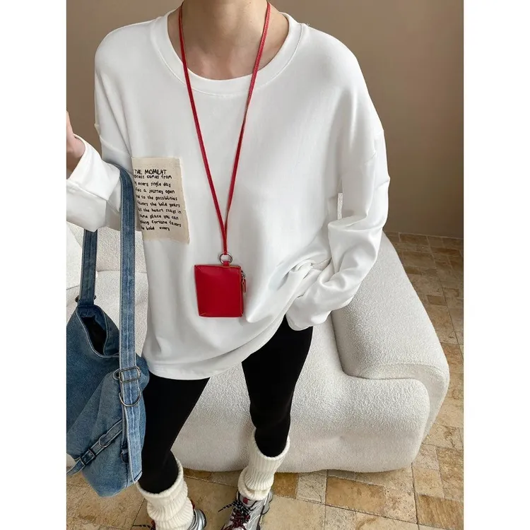 松弛感白色德绒长袖打底衫女冬季中长款遮臀显瘦宽松保暖T恤上衣