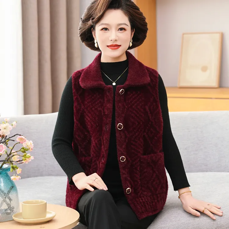 妈妈装马甲女秋冬季新款仿水貂绒马夹坎肩宽松单排扣开衫无袖外套