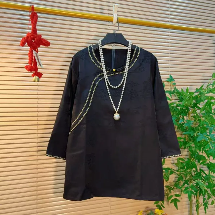 民族气质绣花宽松百搭中长款上衣胖YY2025早秋新款新中式国风衬衫
