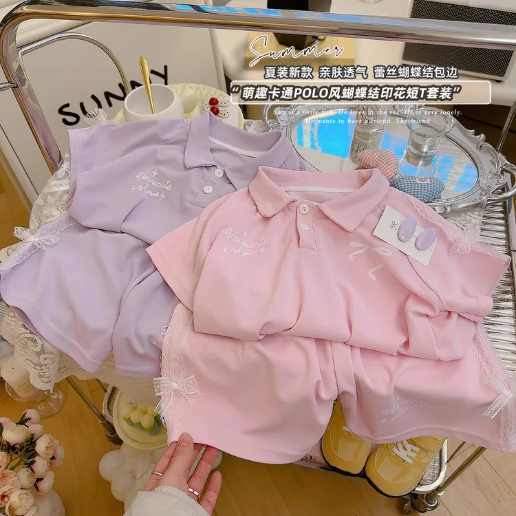 儿童夏季女中大童卡通韩版洋气花边套装翻领蕾丝女童甜美少女风