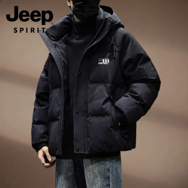 JEEP吉普短款羽绒服男冬季白鸭绒加厚保暖面包服男士宽松连帽外套