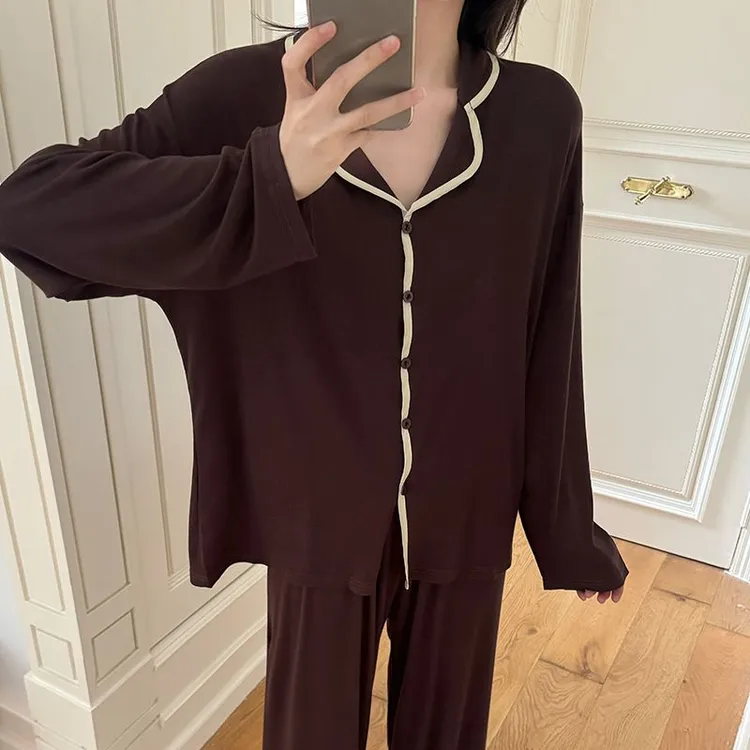 睡衣女款春秋季老钱风拼接简约翻领长袖长裤睡衣秋冬家居服可外出