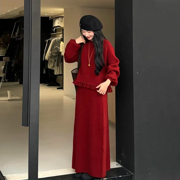巨好看的冬装一整套宽松慵懒红色针织毛衣套装裙女过年战袍两件套
