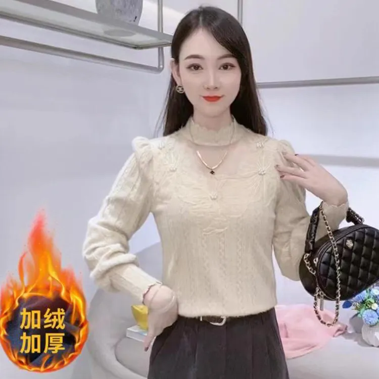 加绒加厚半高领打底衫女士2025秋冬季新款时尚洋气蕾丝衫气质上衣