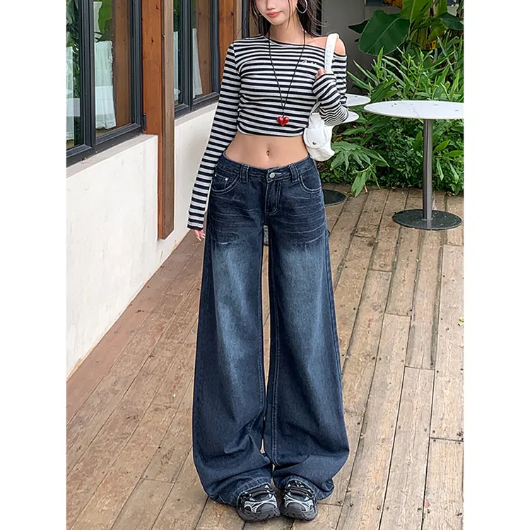 美式复古蓝灰色直筒牛仔裤女秋季新款设计感水洗宽松显瘦阔腿裤子