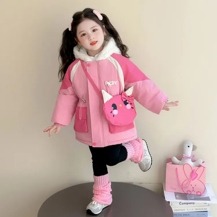 女童加绒外套中长款秋冬洋气女宝宝加厚派克服时髦小童夹棉上衣潮