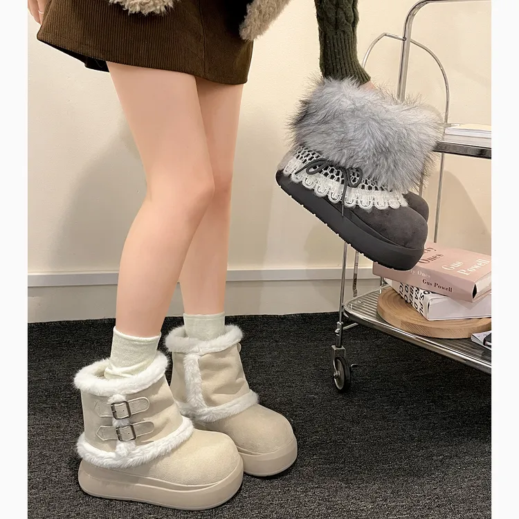 复古加绒保暖外穿厚底毛毛雪地靴女款2025新款冬季加厚费尔岛棉鞋