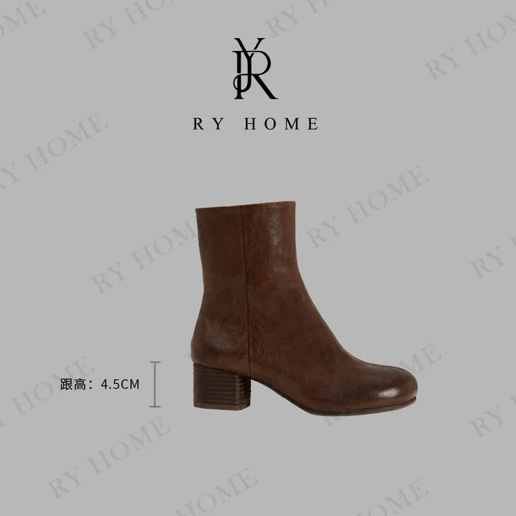 【容雨RYHOME】复古做旧马皮粗跟短靴253X1353