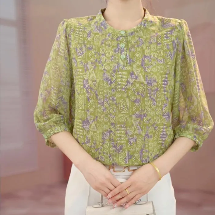 [店铺热销]2025夏季新款轻薄印花七分袖气质优雅时尚显瘦碎花衬衫