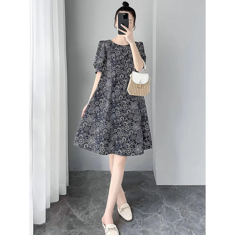 高级感泡泡袖印花连衣裙女2025夏季新款欧货宽松显瘦减龄A字裙潮