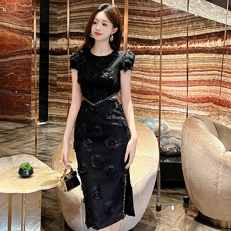 高端夏季新款女装重工设计感镂空立体花朵收腰显瘦连衣裙修身性感