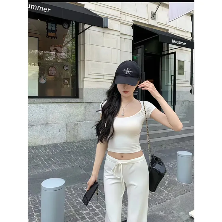 夏季新款辣妹修身短款圆领短袖T恤上衣女+高腰阔腿长款裤子两件套