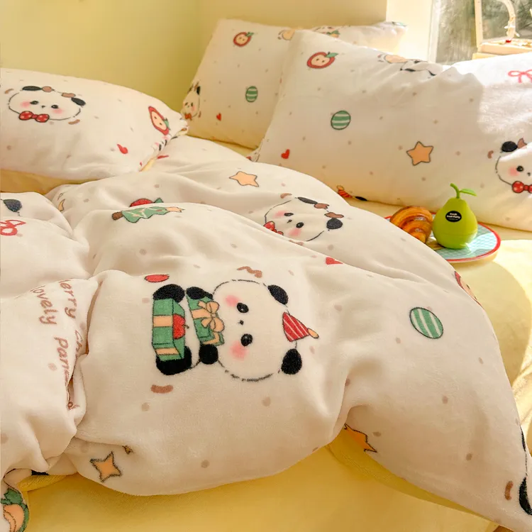 卡通牛奶绒床上四件套冬季床品加厚保暖珊瑚绒被套加绒床单三件套