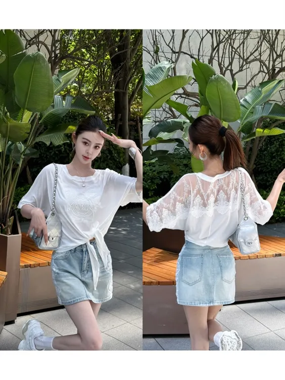SY73【依美丁】侧打结设计重工亮片米奇后蕾丝百搭上衣