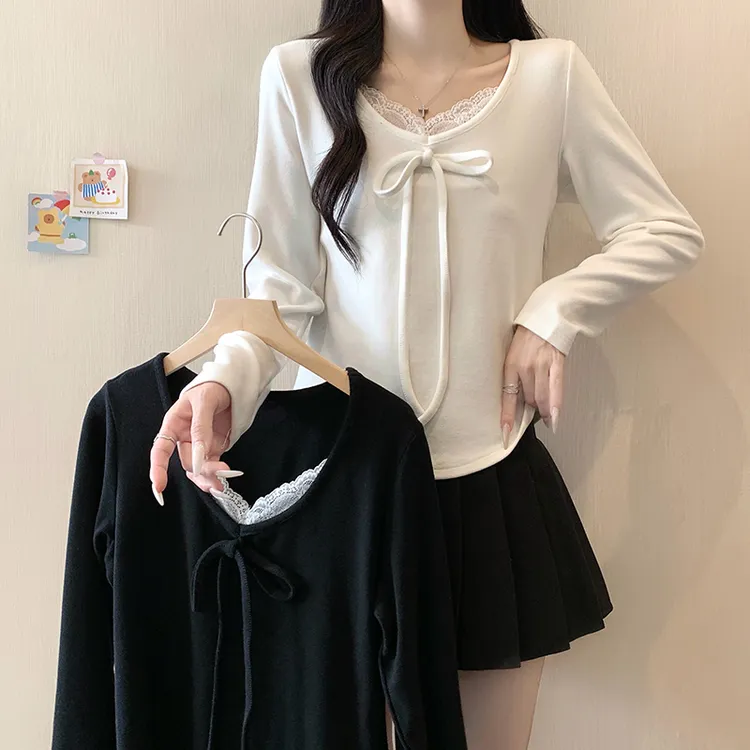 【wy】大码女装新款秋冬蕾丝拼接长袖磨毛加厚内搭打底上衣3831