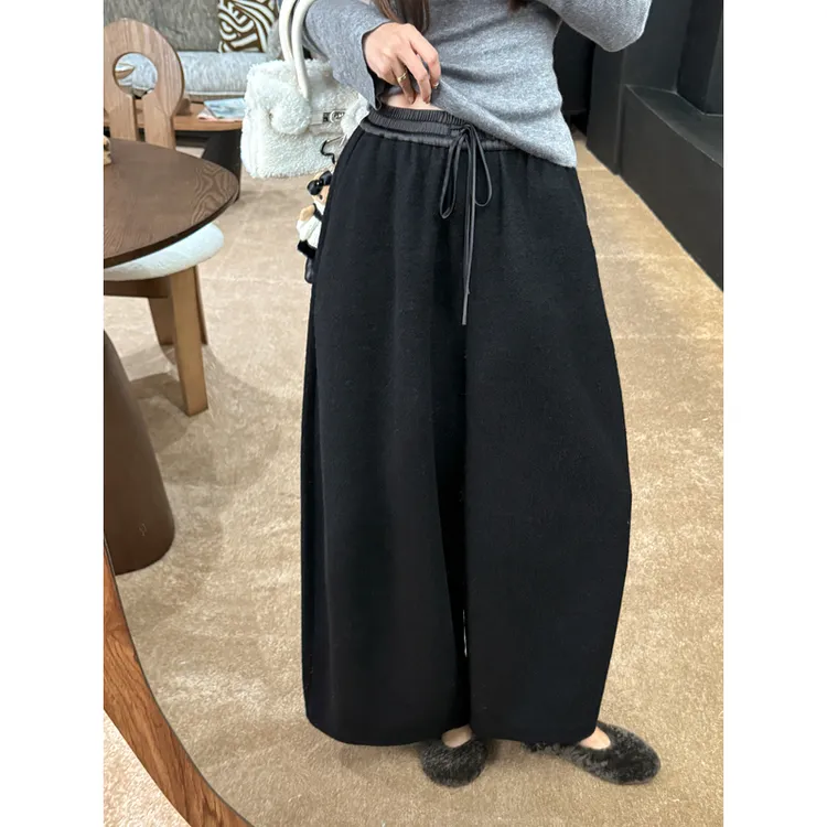 张涩涩2025冬季新款"闲时悦已"梨型友好！黑色绵羊毛毛呢女阔腿裤