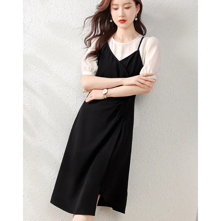 2025夏季新款时尚法式优雅收腰显瘦连衣裙女假两件拼接短袖中长裙