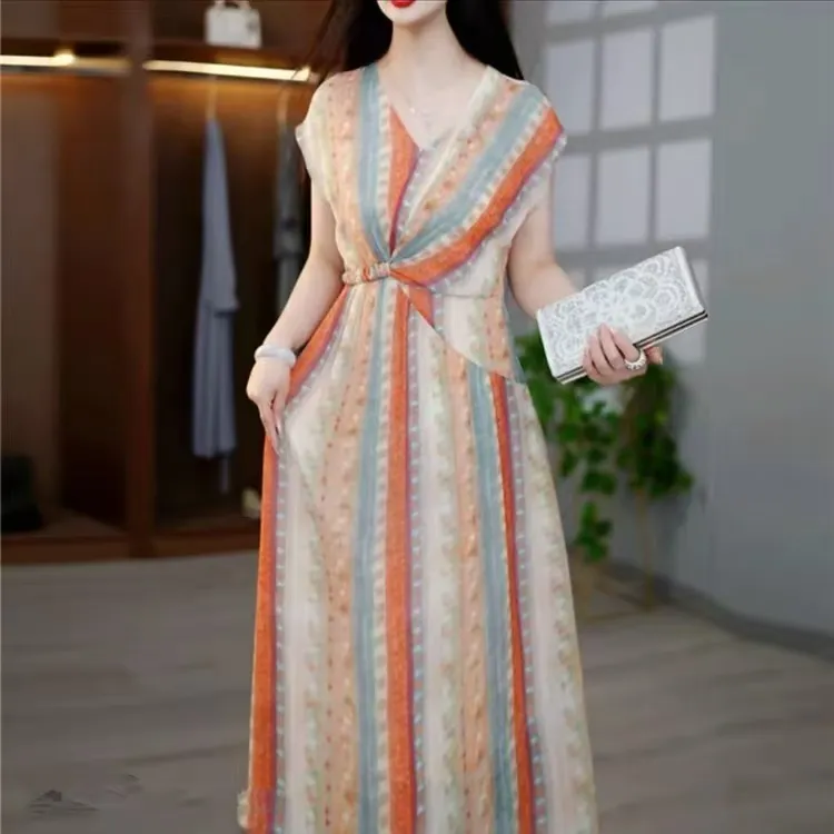 F250  V领连衣裙女夏季2025新款收腰气质设计感高端显瘦中长款