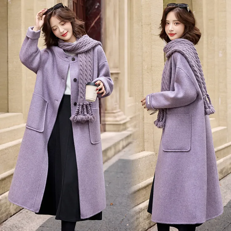 2025秋冬新款韩版宽松百搭圆领双面羊毛大衣气质长款配围巾外套