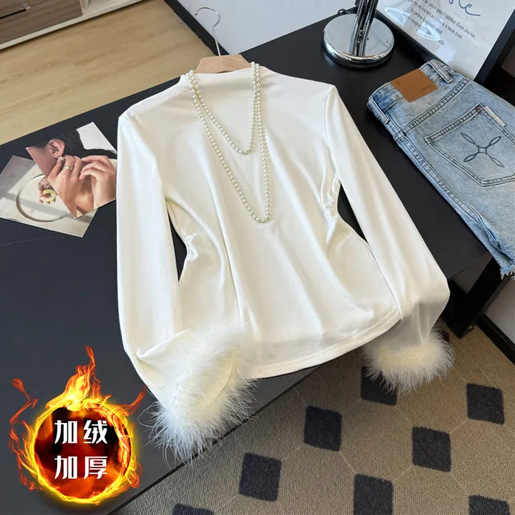 现货秒发【加绒加厚毛毛可拆卸】半高领打底衫长袖百搭显瘦洋气上衣