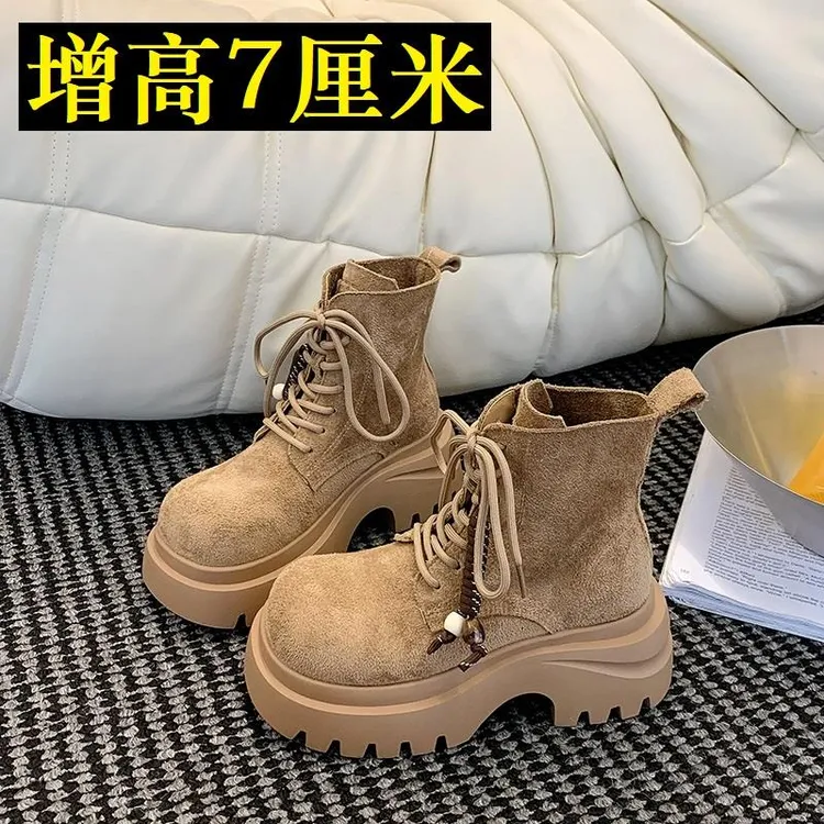 7cm厚底马丁靴女2025秋新款英伦风超火短靴子增高系带机车靴