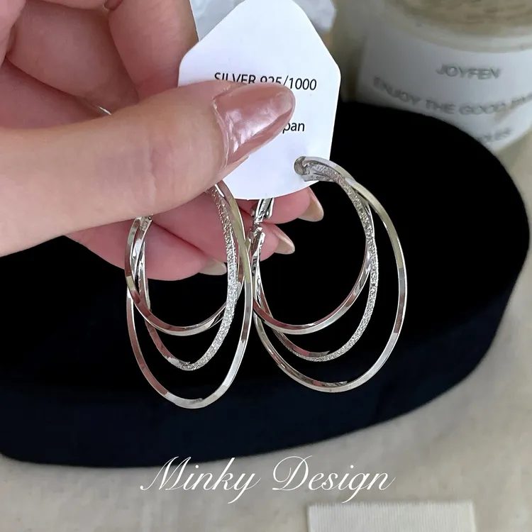 铜合金耳饰 「假日花絮」银色几何大耳环素圈蚊香盘耳夹女气质耳钉