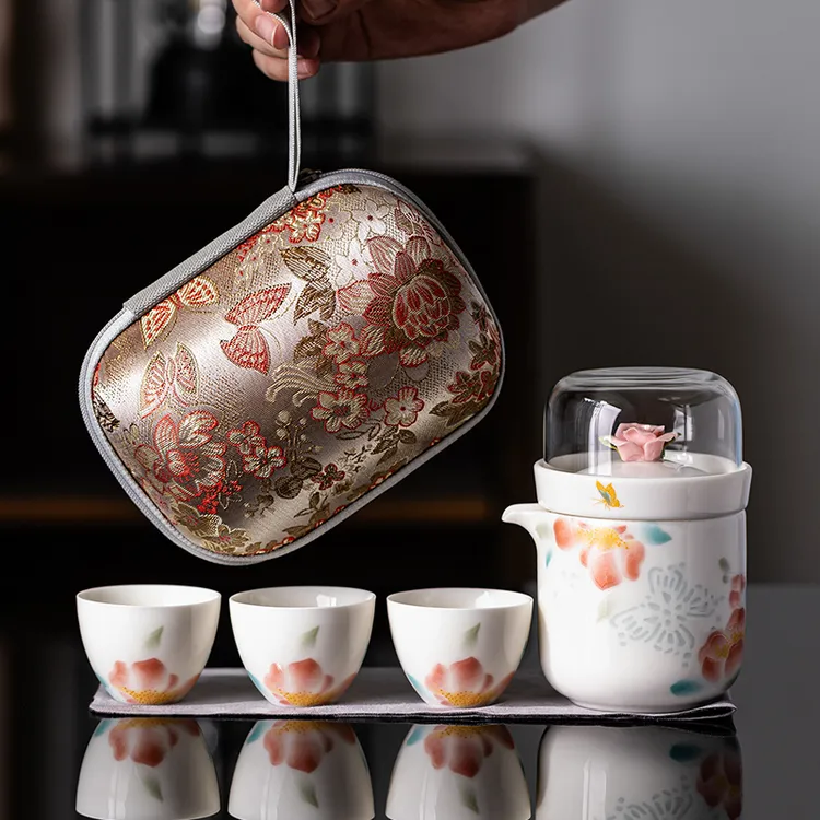 中式玲珑镂雕快客杯一壶三杯户外出行旅行待客便携式功夫茶具套装