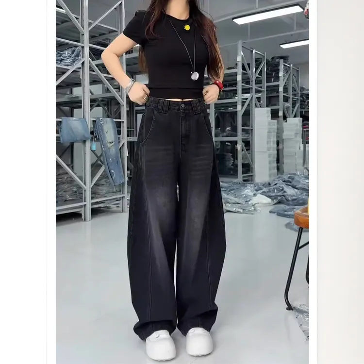黑灰色阔腿弯刀牛仔裤子女2025秋冬梨型身材高腰宽松显瘦堆堆裤子