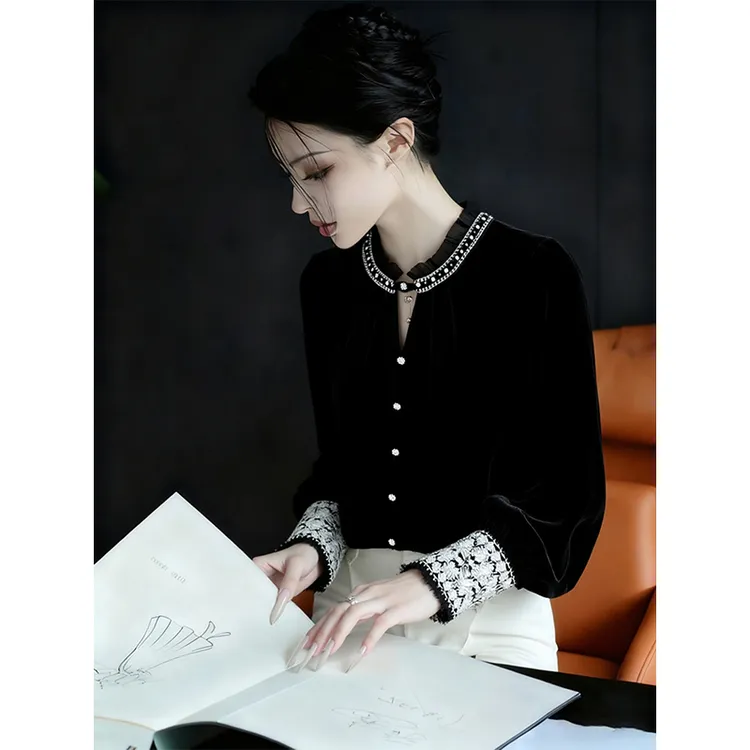 衬衫女秋冬巨好看高级感轻奢减龄洋气内搭新中式国风黑色丝绒上衣