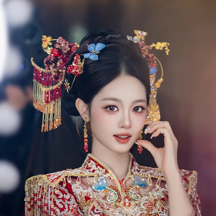 合金婚庆饰品 古典新娘结婚小众蓝色中式新款撞色蝴蝶头饰女D0672