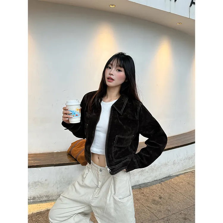 克林菲美式复古麂皮绒正肩夹克上衣女秋季美拉德翻领短款拉链外套