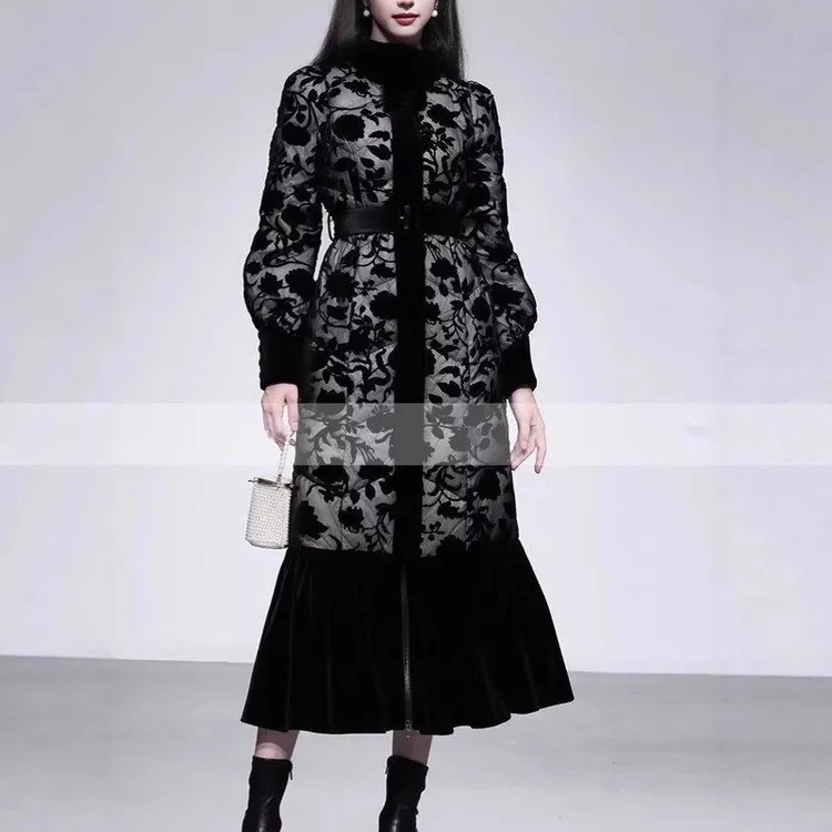 冬季新款女装中式立领灯笼袖收腰鱼尾荷叶边丝绒羽绒服洋气外套