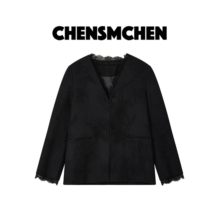 CHENSMCHEN 绵羊毛蕾丝拼接V领长袖外套女时尚休闲上衣CSW5662TT