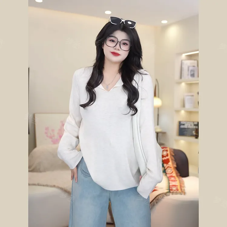 梦丞-显瘦遮肉大码女装秋冬圆领半开胸翻边纯色气质洋气长袖上衣