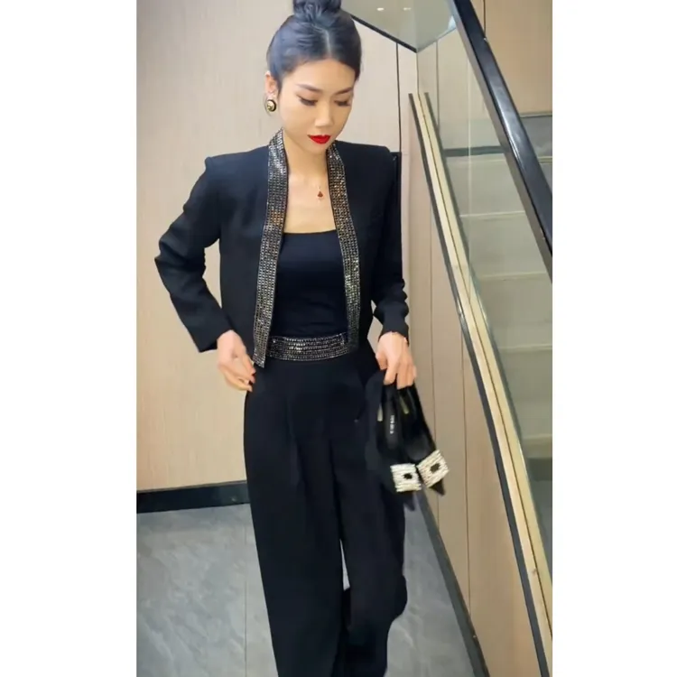 通勤时尚套装女2025秋季新款气质女神镶钻小西装阔腿裤显瘦两件套