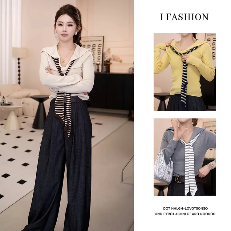 韩系百搭海军领长袖针织衫女2026春秋新款减龄气质显瘦假两件上衣