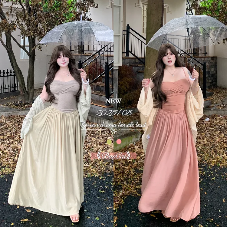 现货【淡颜天菜】女装复古高级感吊带裙绝美收腰气质抹胸大码连衣裙