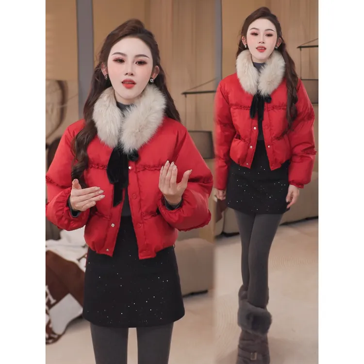 时尚短款羽绒棉服女2025冬季新款洋气宽松显瘦毛领荷叶边百搭外套