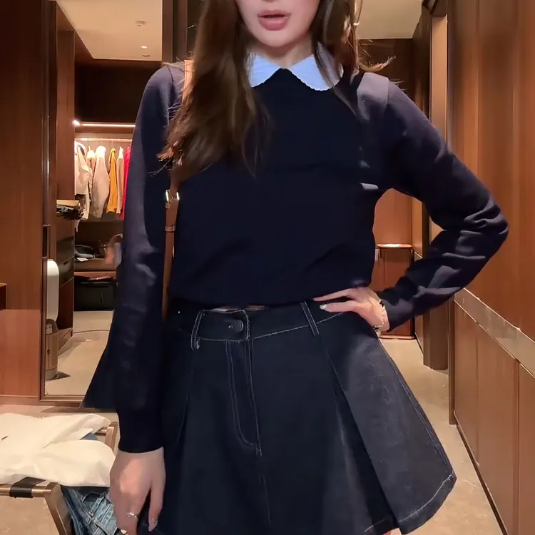 “维尔德”秋冬新款知识分子拼色彼得潘领针织女毛衣LK2506810