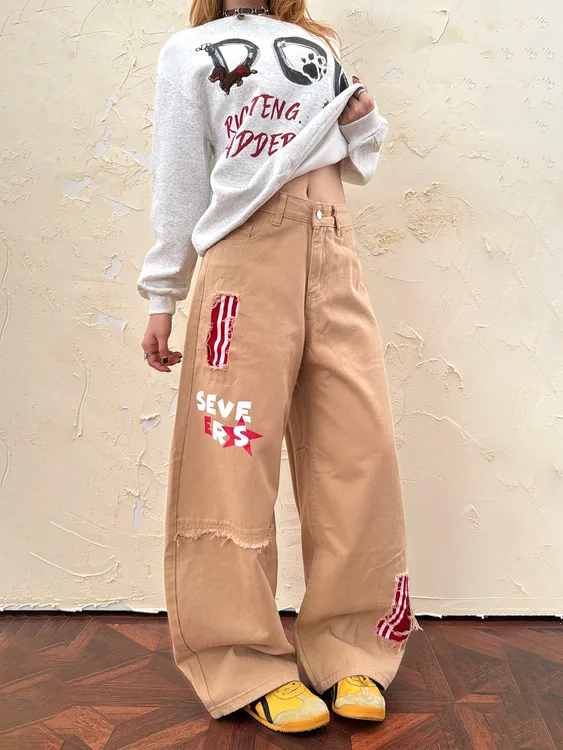 Mr Bense美式破洞贴布弯刀牛仔裤女复古做旧宽松阔腿拖地休闲长裤