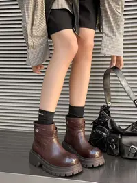 皮带扣马丁靴套筒女靴加绒瘦筒版靴子英伦风秋冬女鞋A10-273N