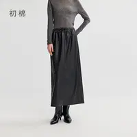 初棉【9.27上新】PU皮蛋白抽绳复古休闲秋冬中长款半身裙366617002