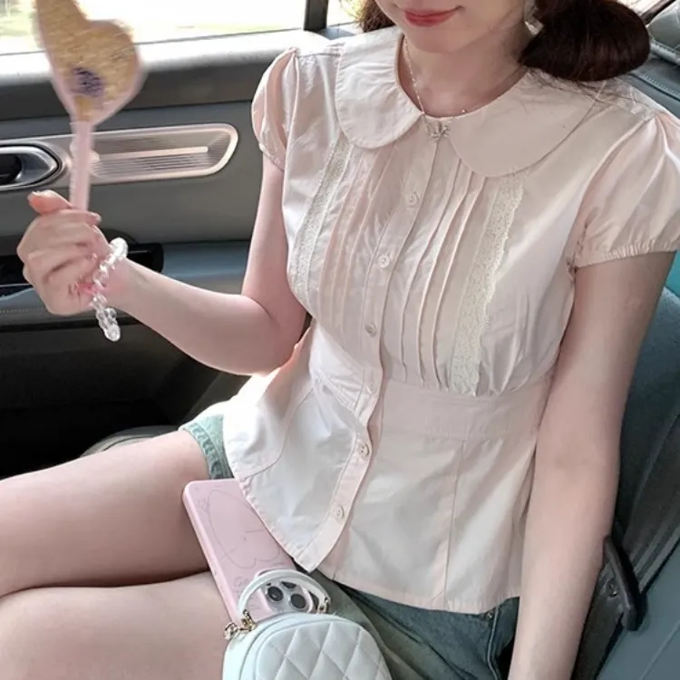 韩系温柔风粉色娃娃领收腰短袖衬衫女夏季设计感减龄蕾丝粉色衬衫商品图