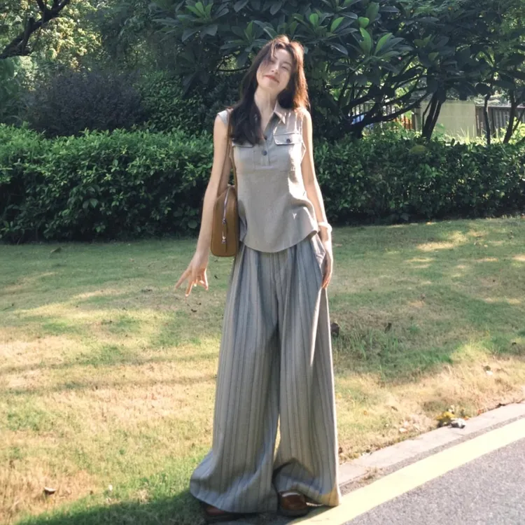180高个子175加长卡其色条纹休闲裤女夏季高腰显瘦褶皱阔腿拖地裤