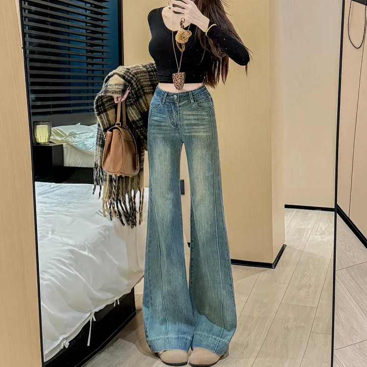 高腰不贴腿微喇牛仔裤女2025年秋季新款宽松垂感拖地显瘦显高裤子