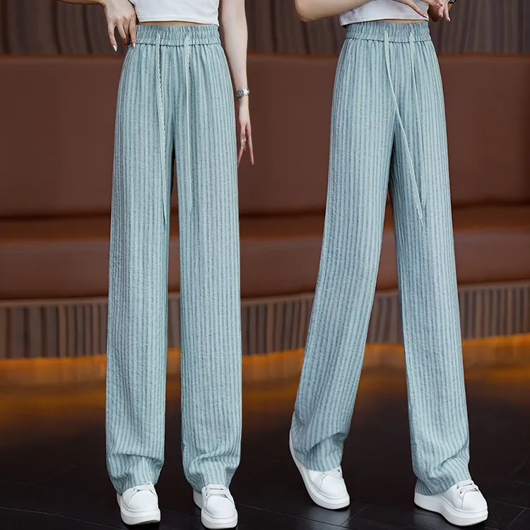 蓝色竖条纹阔腿裤女夏季薄款松紧腰藏青色休闲直筒高腰亚麻裤百搭