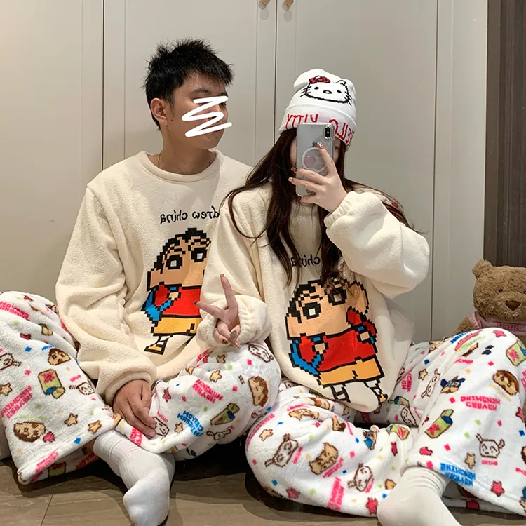 2025新款秋冬蜡笔小新睡衣女珊瑚绒套装卡通加厚男士法兰绒家居服