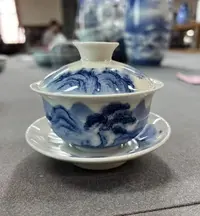 景德镇陶瓷供应链青花山水人家风景画片三才盖碗7y