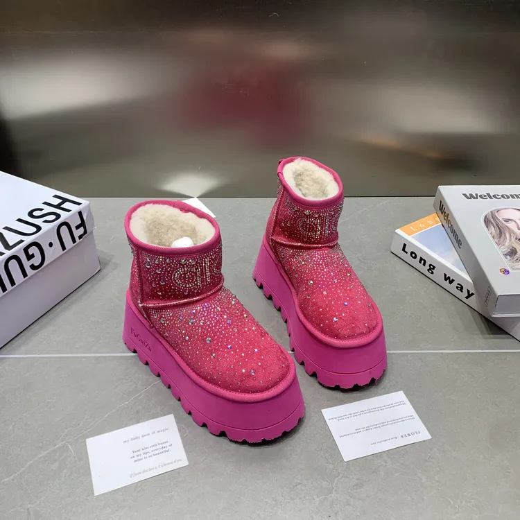 欧洲站水钻满钻满天星厚底松糕小个子超闪雪地棉靴短靴面包鞋女鞋